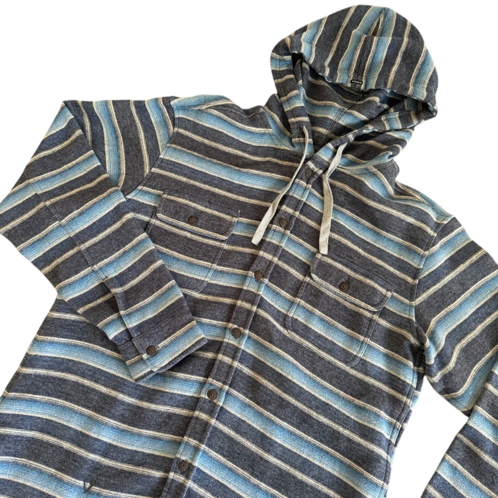 VISSLA Pumphouse Large Blue Striped Hooded Flannel Button Up L/S Men's Shirt‎